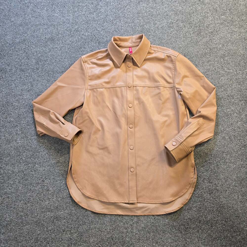 Spanx Top Womens Size Small Tan Vegan Leather Snap Button Boxy Casual Capsule